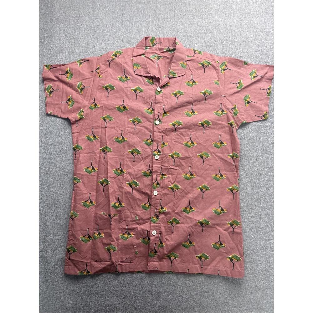 Men's Pink Camp Collar Tropical Tree Print Button Up Shirt Handmade Style